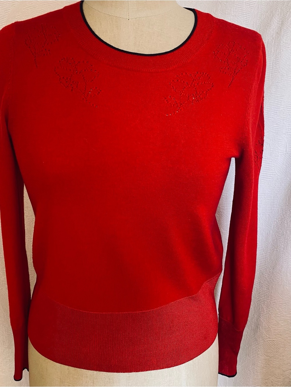 rag &bone true red sweater in merino wool and rayon with pointelle detail